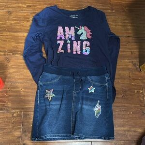 Unicorn Flip Sequin Amazing long sleeve dark blue T-shirt & So patch skirt 10/12